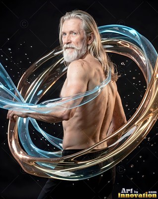 Turned away in a dark studio, a shirtless older man stands inside rings of water