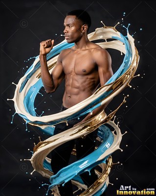 A shirtless Black man stands inside swirls of blue and cream liquid splashes