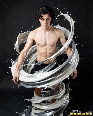 Standing in a dark studio, a shirtless man is circled by swirling white liquid