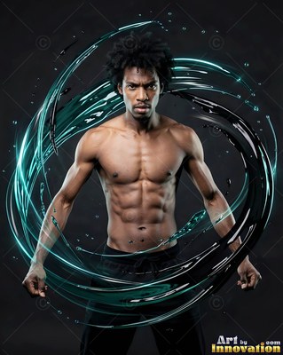 A shirtless man stands framed by swirling circles of dark green water