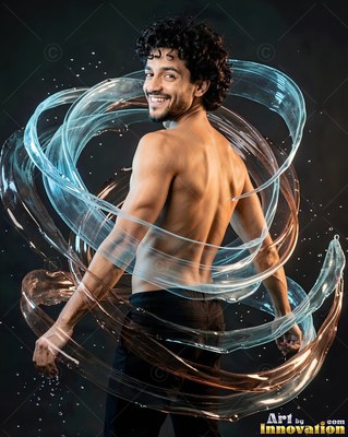 Smiling over his shoulder, a shirtless man is encircled by clear swirls of water