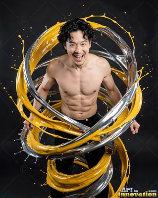 A shirtless smiling man is wrapped in loops of silver and yellow liquid in a dark studio