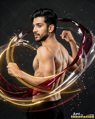 A shirtless man looks over his shoulder as red liquid swirls around his arms