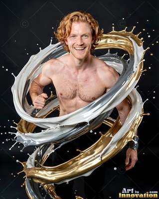 Smiling in studio light, a shirtless man is encircled by white and gold liquid rings