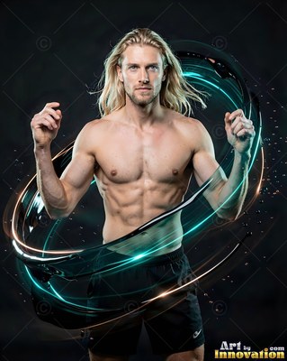 Shirtless blond man standing inside swirling light rings