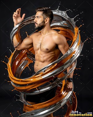 A shirtless man stands as swirls of glossy orange and silver liquid splash around his body