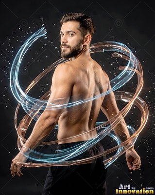 Turned half away in a dark room, a shirtless man is encircled by water swirls