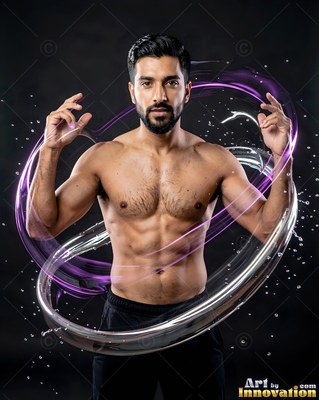 Raising his hands, a shirtless man is standing inside swirling purple and clear rings