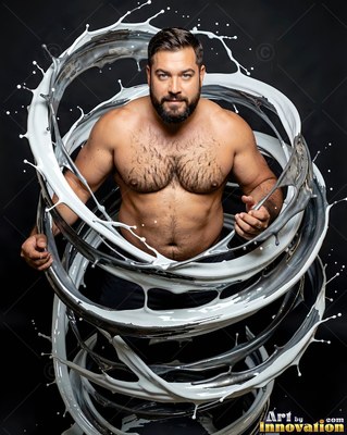 Facing forward in a dark studio, a shirtless man is encircled by white splashing liquid