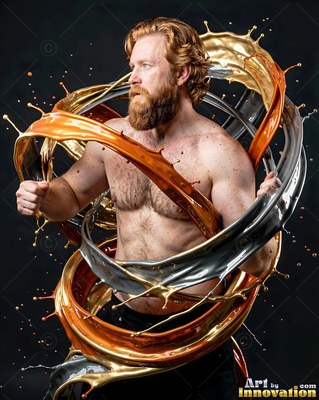 Posing with clenched fists, a shirtless bearded man is encircled by splashes of liquid bronze and silver