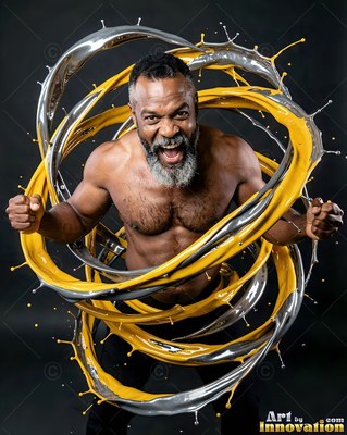 A muscular man yells as thick loops of silver and yellow liquid swirl around him