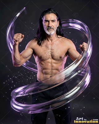 Front-facing in a dark studio, a shirtless man raises his fists inside a water spiral