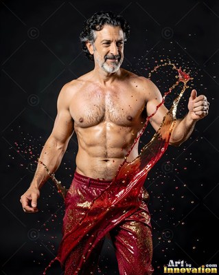 A shirtless older man smiles as red liquid splashes across his body