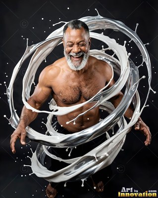 Smiling shirtless man encircled by swirls of silver paint
