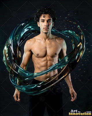 Curly dark hair frames a shirtless man surrounded by swirling teal liquid in a dark studio