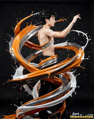 Standing in a dark studio, a shirtless man is wrapped in splashing orange paint