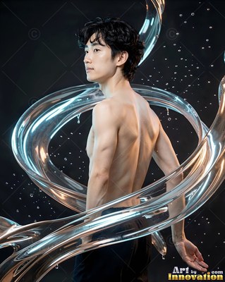 A shirtless man looking back as clear swirls of water loop around him