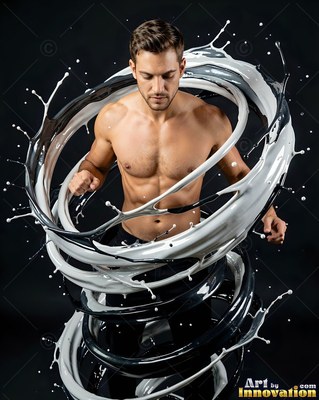 Standing inside swirls of white paint, a shirtless man looks down in a dark room