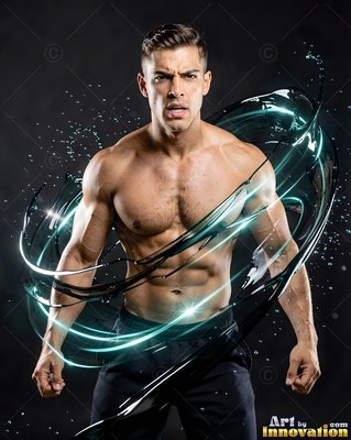 A shirtless man stands tense as dark water and teal streaks circle his torso