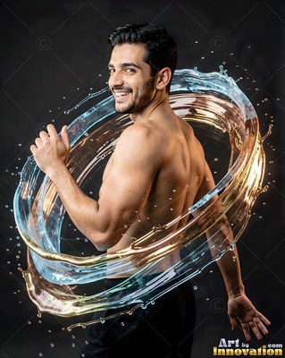 Smiling over his shoulder, a shirtless man is encircled by a ring of splashing water