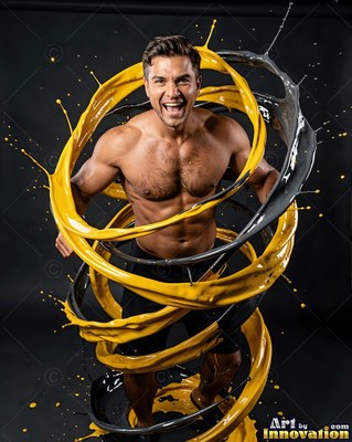 Bare-chested man laughing inside swirling yellow and gray liquid in a dark studio
