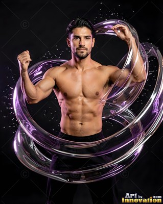 A shirtless man raises his arms as clear liquid ribbons coil around his torso with purple highlights