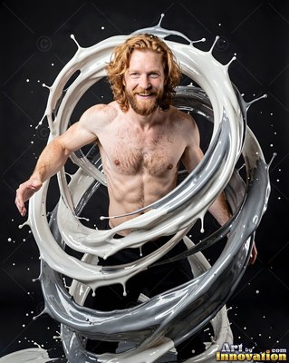 Smiling in a dark studio, a shirtless man is encircled by splashing white paint