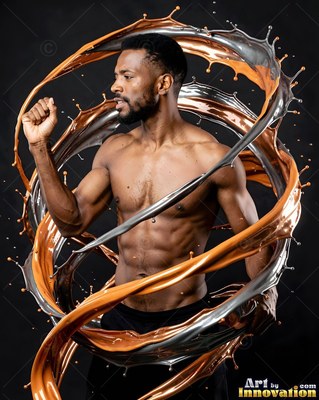 Short black beard on a shirtless man encircled by silver and bronze splashes in a dark studio