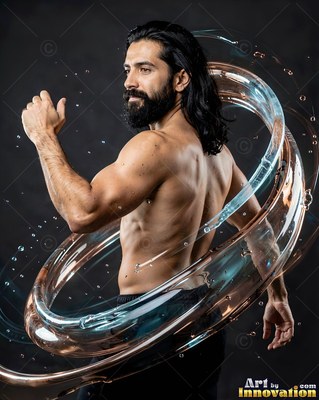 A shirtless man runs with clear liquid swirling around his torso in soft studio light