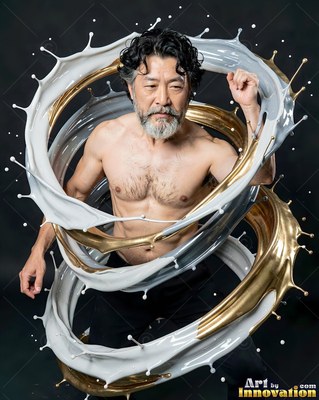 Posing shirtless, a bearded man is encircled by rings of splashing white and gold paint