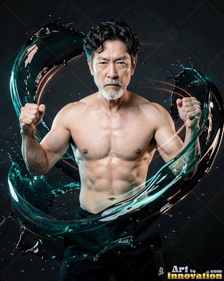 Shirtless older man with fists raised in a ring of water splash