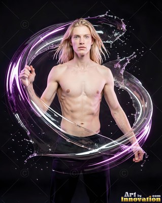 Facing forward in a dark room, a shirtless man is encircled by a loop of clear water