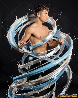 In a dark studio, a shirtless man is encircled by spirals of light blue liquid