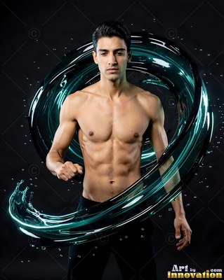 A shirtless man stands as a spiral of teal water swirls around his torso in dark light