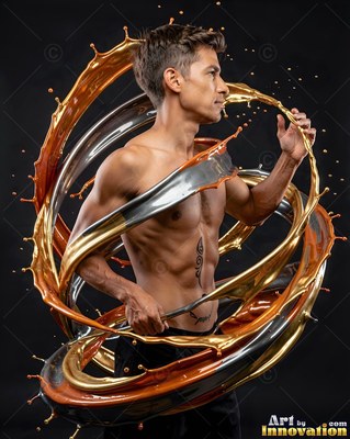A shirtless man stands surrounded by splashing rings of gold and silver liquid