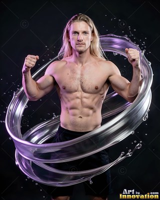A muscular man flexing inside swirling silver water