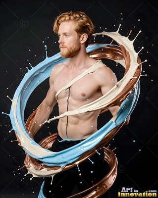 A shirtless man stands surrounded by splashing loops of light blue and tan liquid