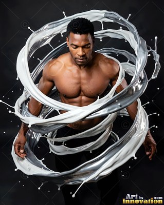 A muscular shirtless man wrapped in swirls of thick white and silver liquid splash