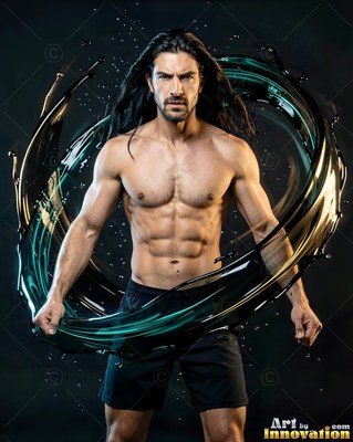 In a dark studio, a shirtless muscular man stands inside a loop of flying black liquid