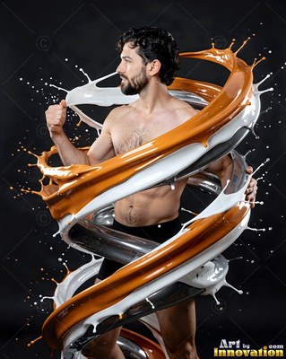 A shirtless man wrapped in spirals of milk and caramel liquid