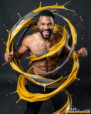 A shirtless man smiles as thick swirls of yellow and gray paint wrap around him