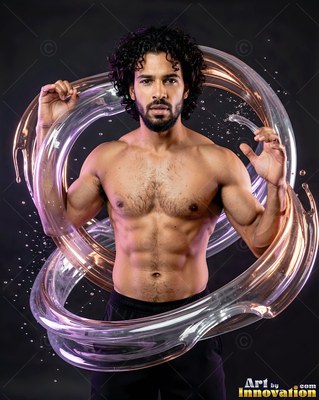 Facing forward in a dark studio, a shirtless man is encircled by clear fluid rings