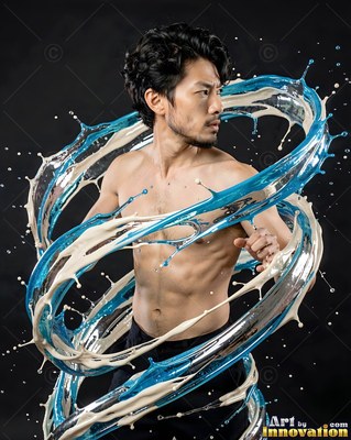 In a dark studio, a shirtless man poses inside swirling rings of blue and white liquid