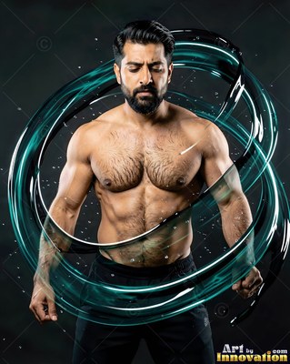 A muscular bearded man stands with teal liquid rings circling his torso