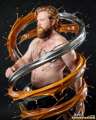 A bearded man is standing inside swirling splashes of caramel and chrome liquid