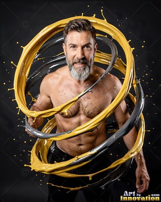 In a dark studio, a shirtless man is encircled by rings of yellow and gray paint