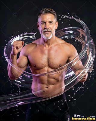 Posing with raised fists, a muscular man stands inside a loop of clear water