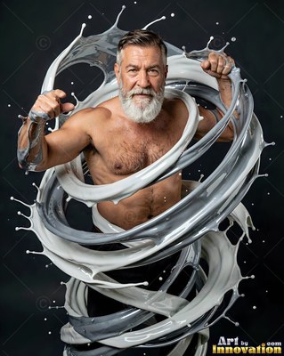 Facing forward in a studio, a shirtless man is encircled by white liquid swirls