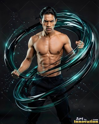 A shirtless man clenches his fists inside a circle of swirling teal liquid