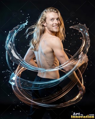 Smiling over his shoulder, a shirtless blond man is circled by curved arcs of clear water